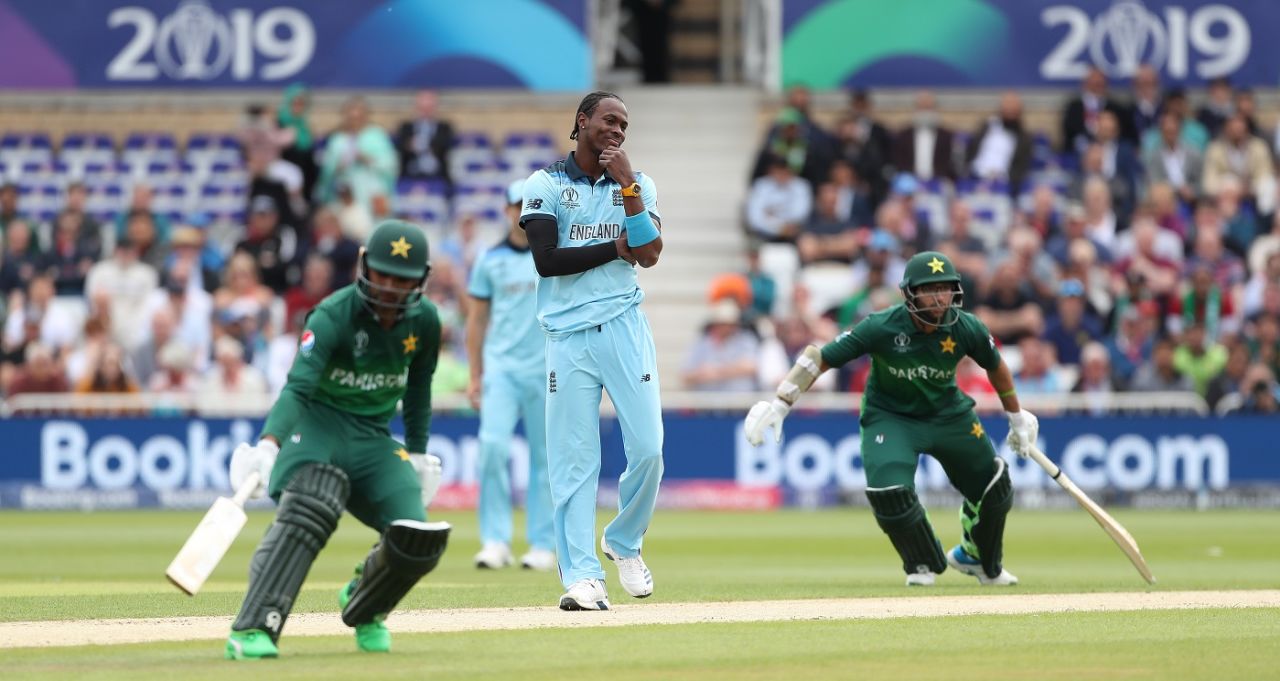 Jofra Archer looks on as Fakhar and Imam take a run, England v Pakistan, World Cup 2019, Trent Bridge, June 3, 2019