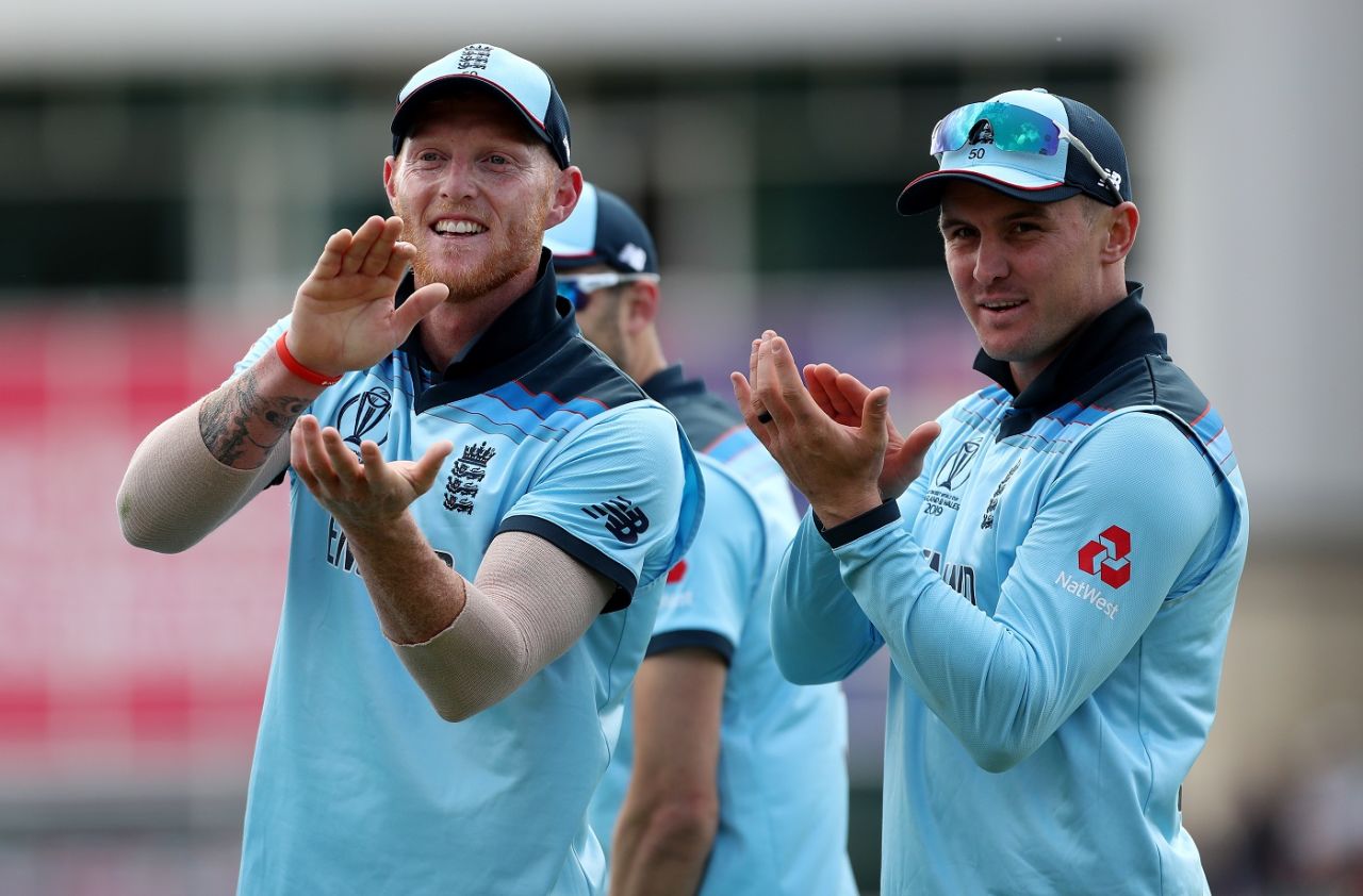 Ben Stokes and Jason Roy applaud the crowd after Chris Woakes caught Imam-ul-Haq, England v Pakistan, World Cup 2019, Trent Bridge, June 3, 2019