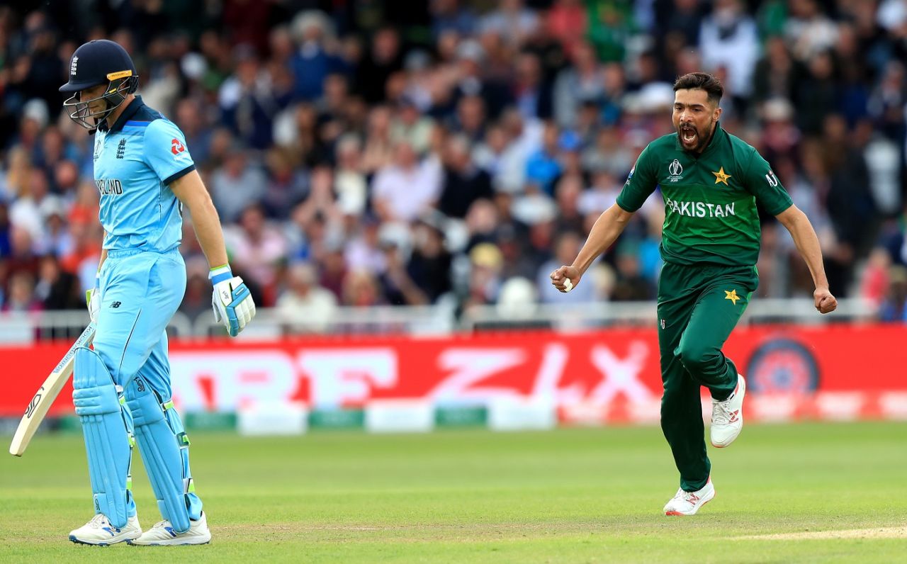 Mohammad Amir sends back Jos Buttler, England v Pakistan, World Cup 2019, Trent Bridge, June 3, 2019
