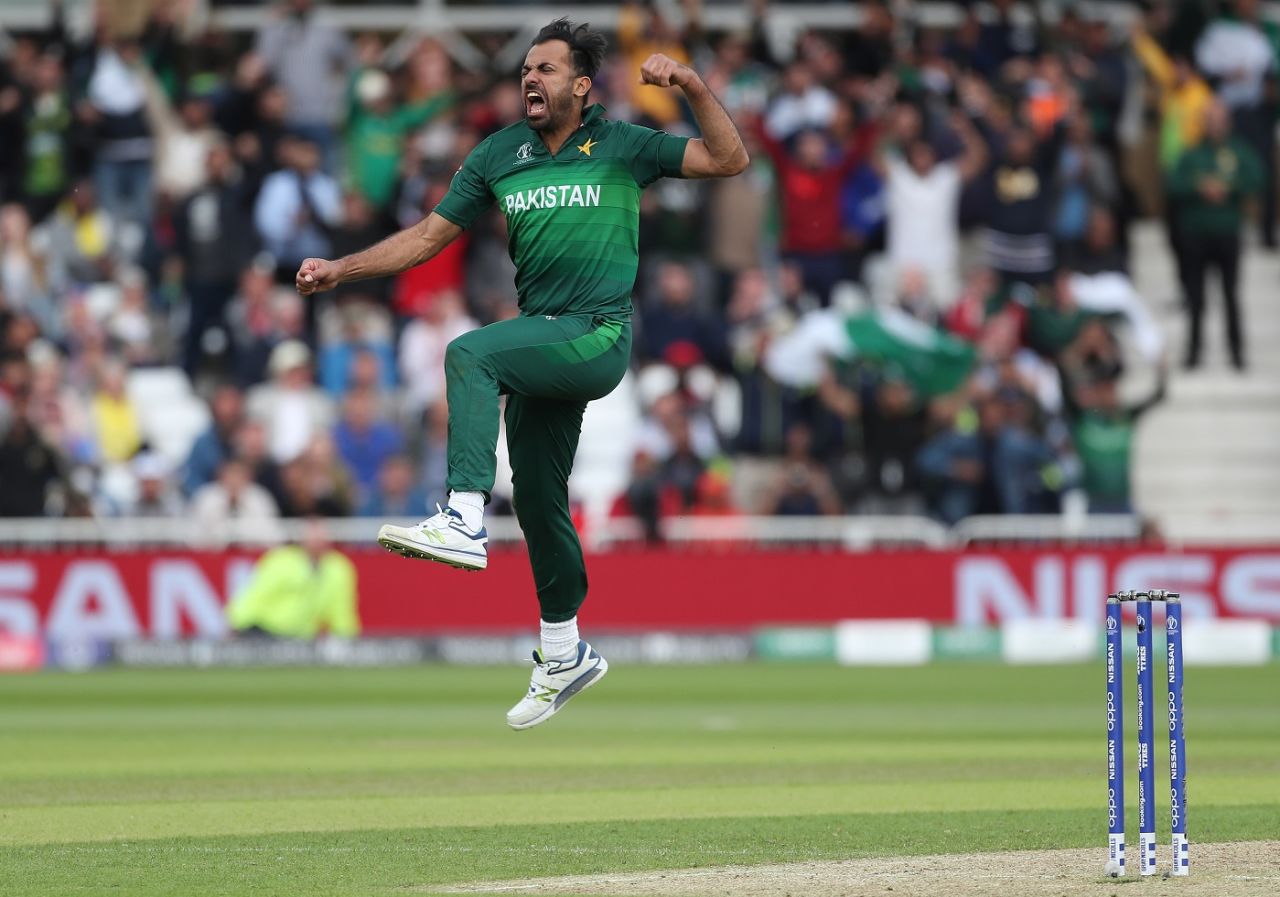 Wahab Riaz is pumped up after taking a wicket, England v Pakistan, World Cup 2019, Trent Bridge, June 3, 2019