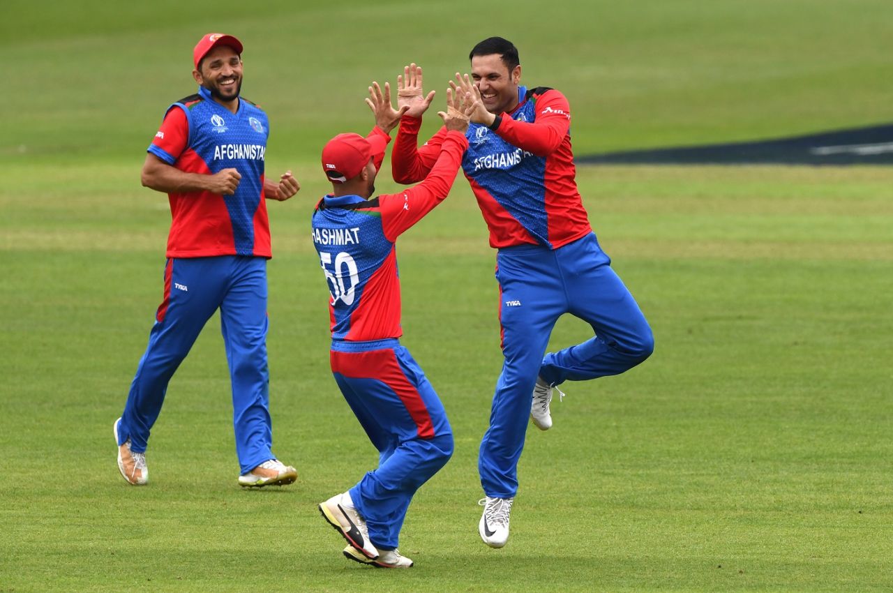 Mohammad Nabi celebrates a wicket, Afghanistan v Sri Lanka, World Cup 2019, Cardiff, June 4, 2019