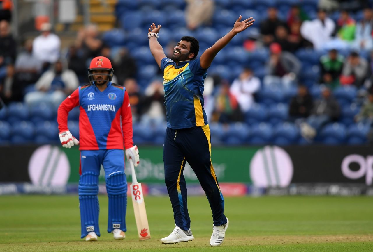 Thisara Perera is ecstatic after removing Mohammad Nabi, Afghanistan v Sri Lanka, World Cup 2019, Cardiff, June 4, 2019