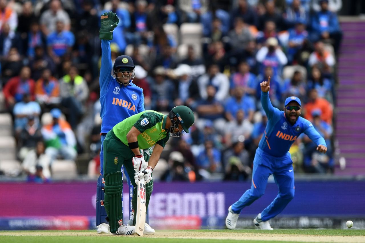 MS Dhoni and Rohit Sharma appeal for an LBW dismissal against JP Duminy, India v South Africa, Southampton, World Cup 2019, June 5, 2019