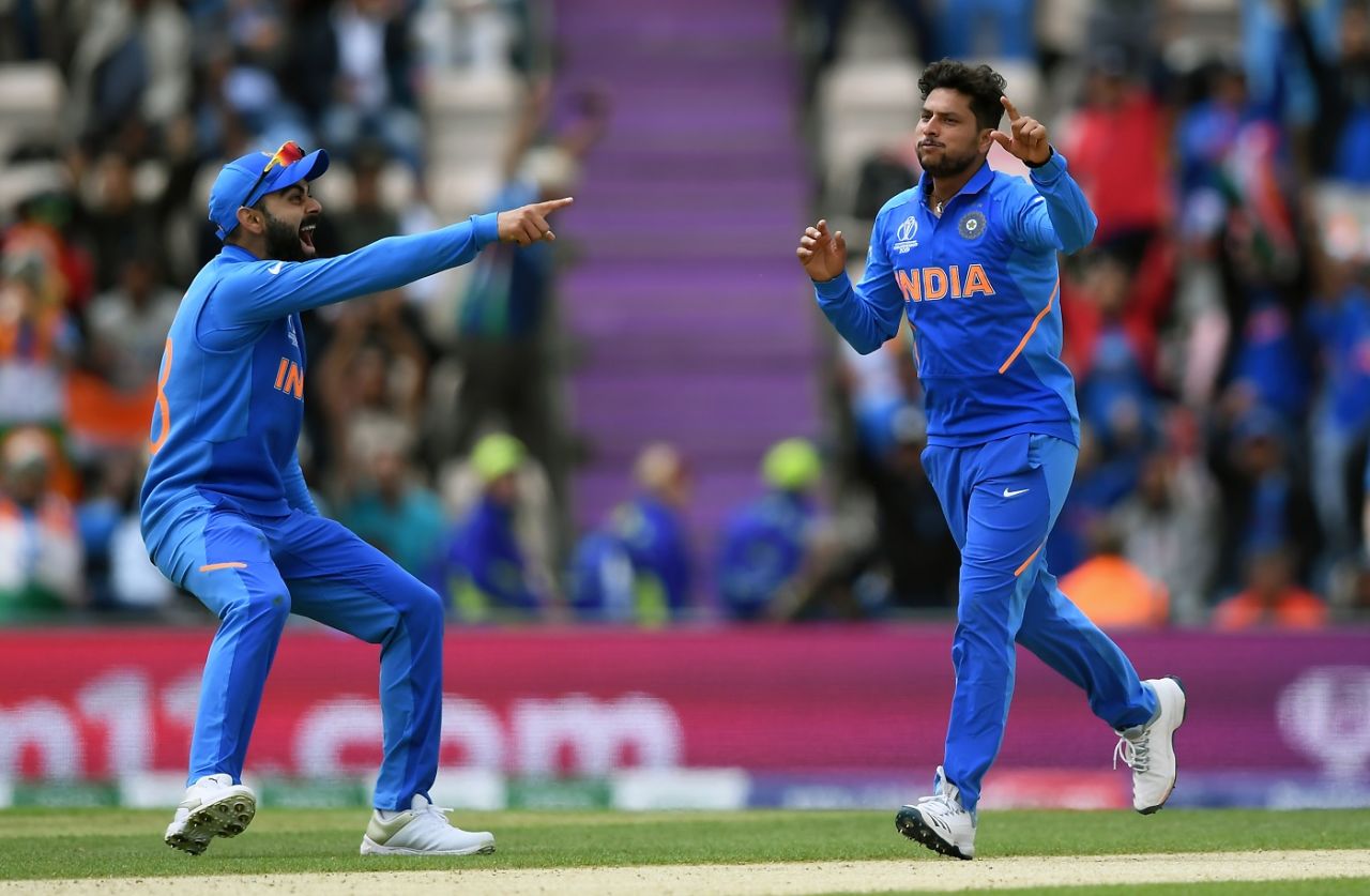 Virat Kohli and Kuldeep Yadav celebrate JP Duminy's wicket, India v South Africa, Southampton, World Cup 2019, June 5, 2019