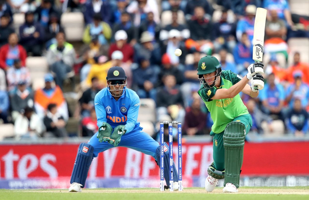 Chris Morris bats as MS Dhoni looks on,  India v South Africa, Southampton, World Cup 2019, June 5, 2019