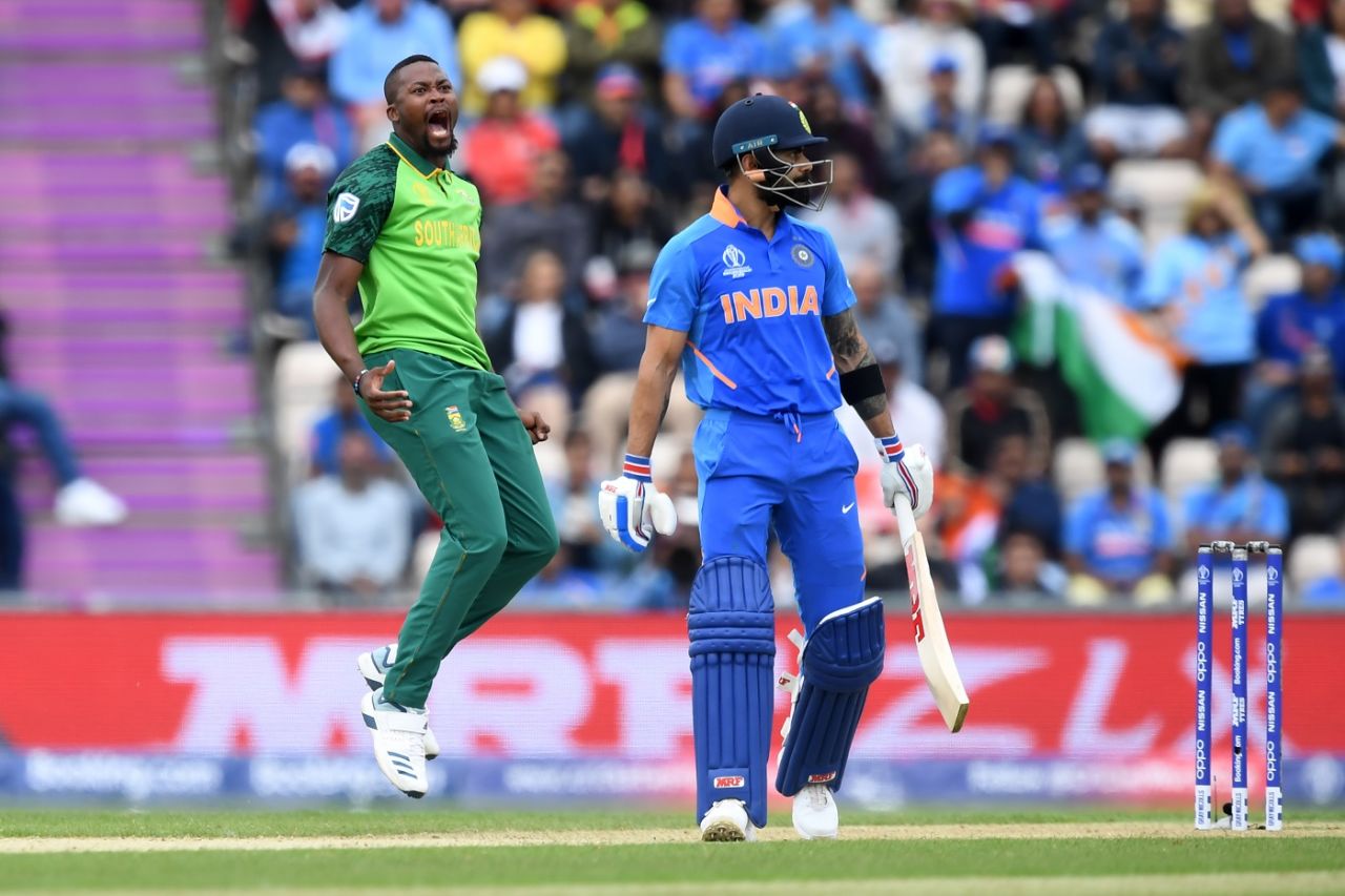 Andile Phehlukwayo celebrates the wicket of Virat Kohli, 
India v South Africa, Southampton, World Cup 2019, June 5, 2019