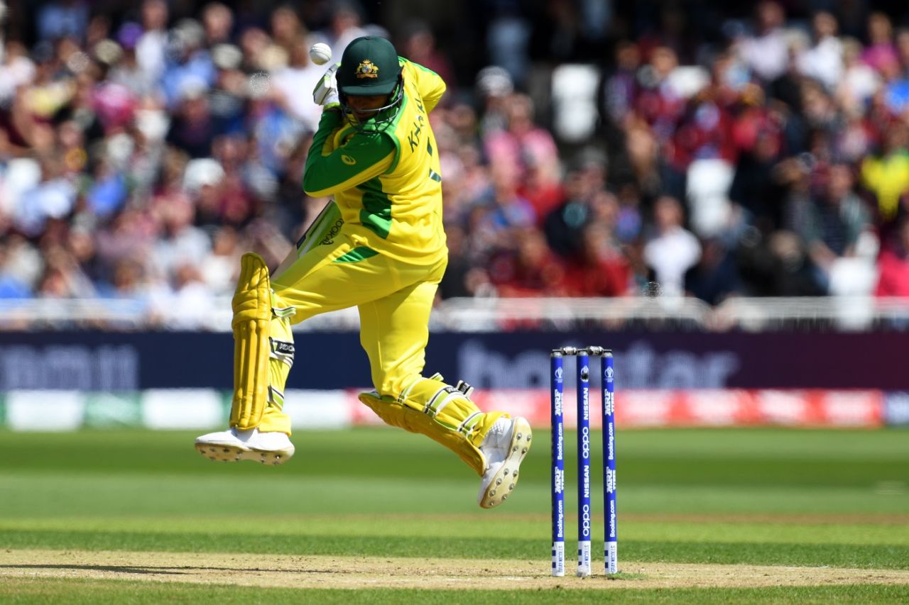 Usman Khawaja is hit on the head off the bowling of Oshane Thomas, Australia v West Indies, World Cup 2019, Trent Bridge, June 6, 2019