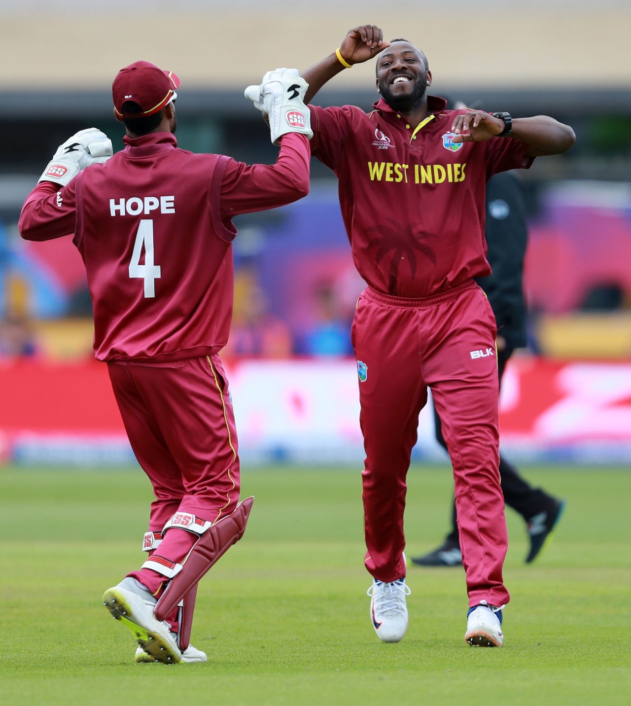 Andre Russell celebrates with Shai Hope, Australia v West Indies, World Cup 2019, Trent Bridge, June 6, 2019