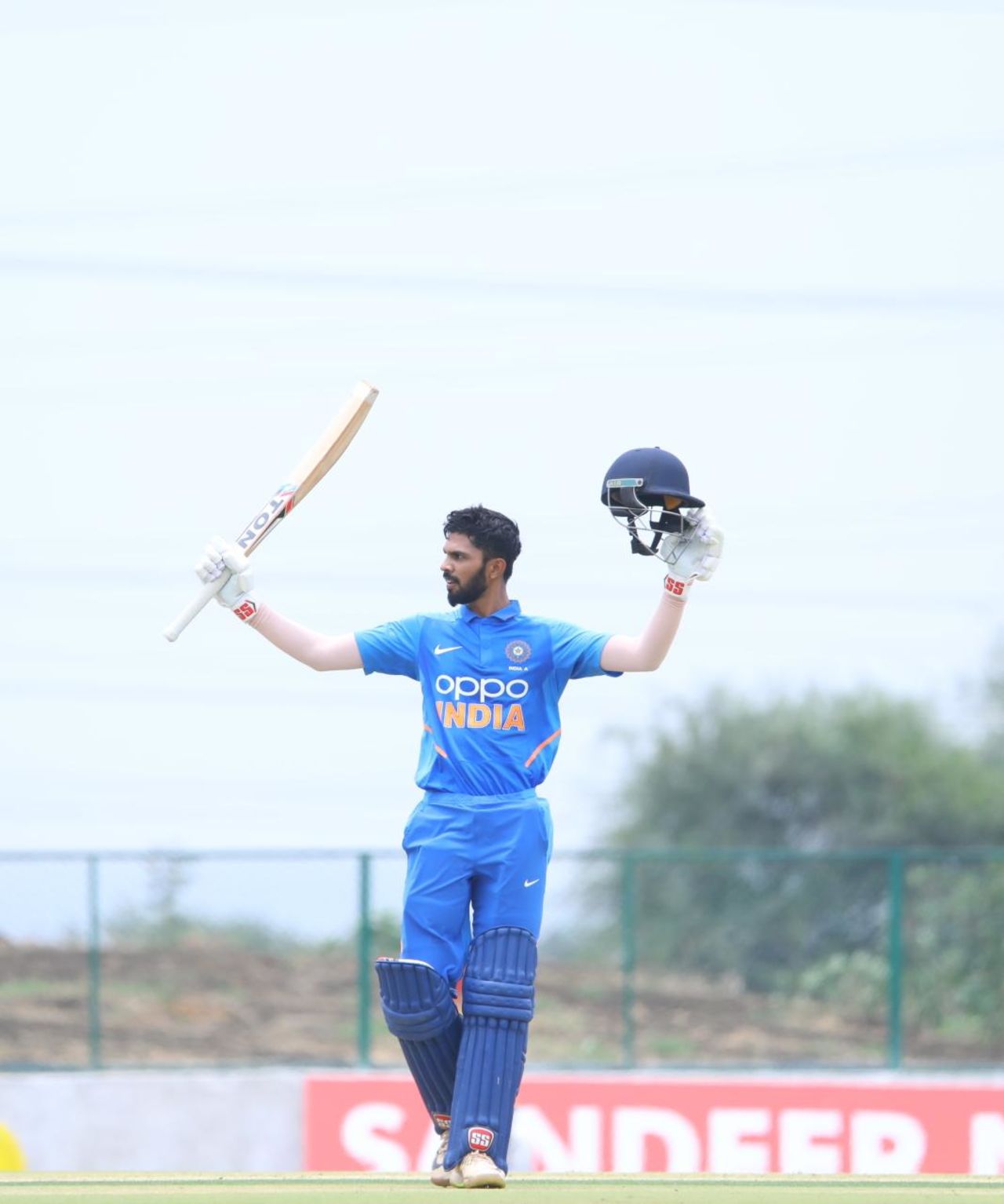 Ruturaj Gaikwad raises his bat after reaching a century, India A v Sri Lanka A, first unofficial one-dayer, Sri Lanka A tour of India, Belgaum, June 6, 2019