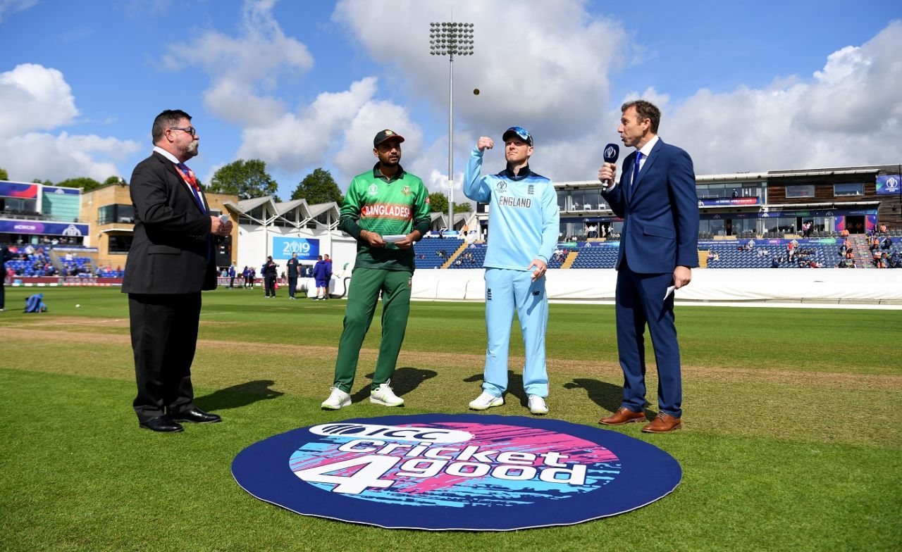 Eoin Morgan and Mashrafe Mortaza at the toss, England v Bangladesh, World Cup 2019, Cardiff, June 8, 2019