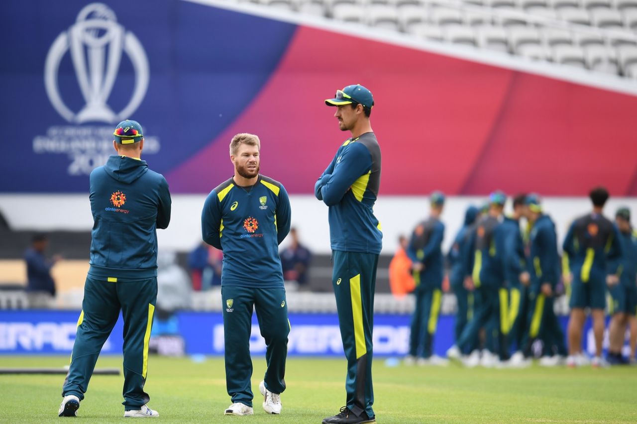 David Warner in a sombre mood as Mitchell Starc looks on during Australia's training session, World Cup 2019, The Oval, June 8, 2019