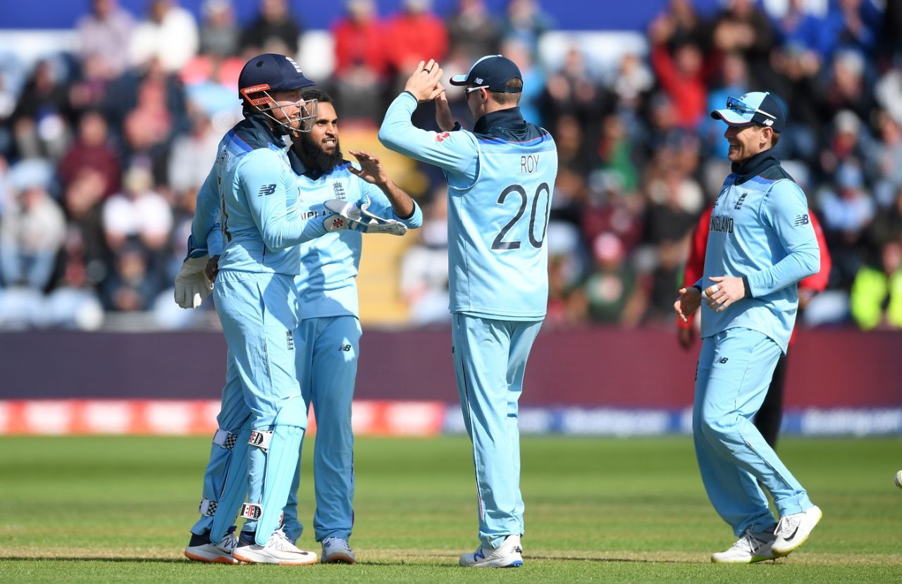 Adil Rashid celebrates with teammates after dismissing Mohammad Mithun, England v Bangladesh, World Cup 2019, Cardiff, June 8, 2019