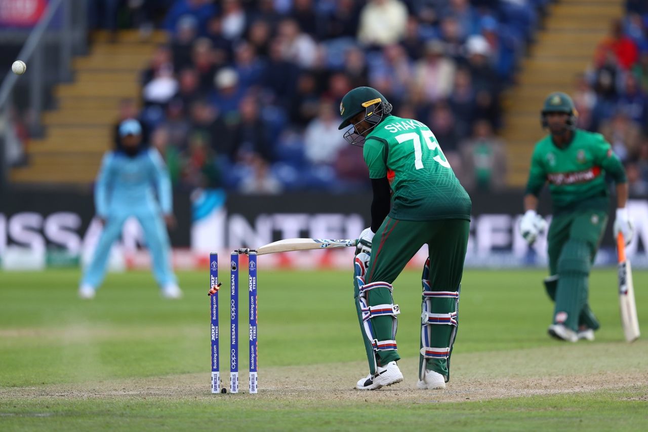 Shakib Al Hasan is bowled by Ben Stokes for 121, England v Bangladesh, World Cup 2019, Cardiff, June 8, 2019