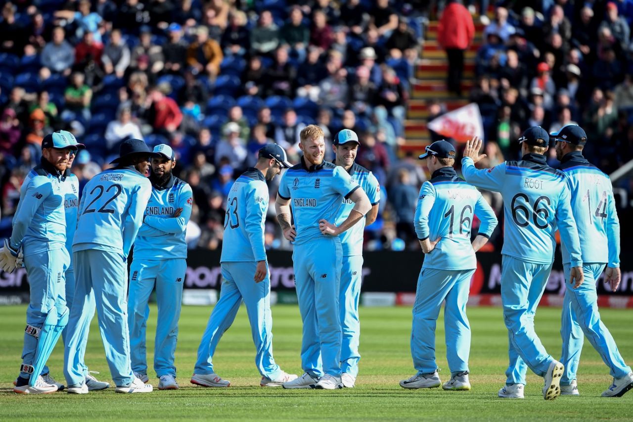 Ben Stokes celebrates with teammates after taking Mohammad Saifuddin's wicket, England v Bangladesh, World Cup 2019, Cardiff, June 8, 2019