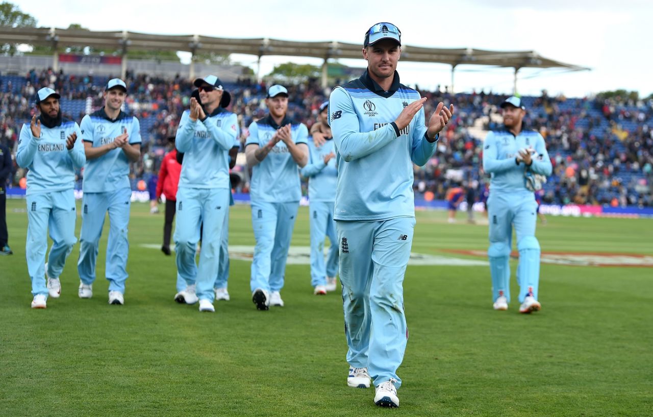 Jason Roy leads his team from the field after victory against Bangaladesh, England v Bangladesh, World Cup 2019, Cardiff, June 8, 2019