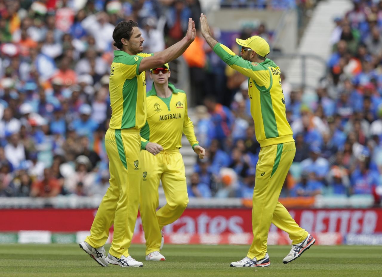 Nathan Coulter-Nile celebrates the wicket of Rohit Sharma, Australia v India, World Cup 2019, The Oval, June 9, 2019