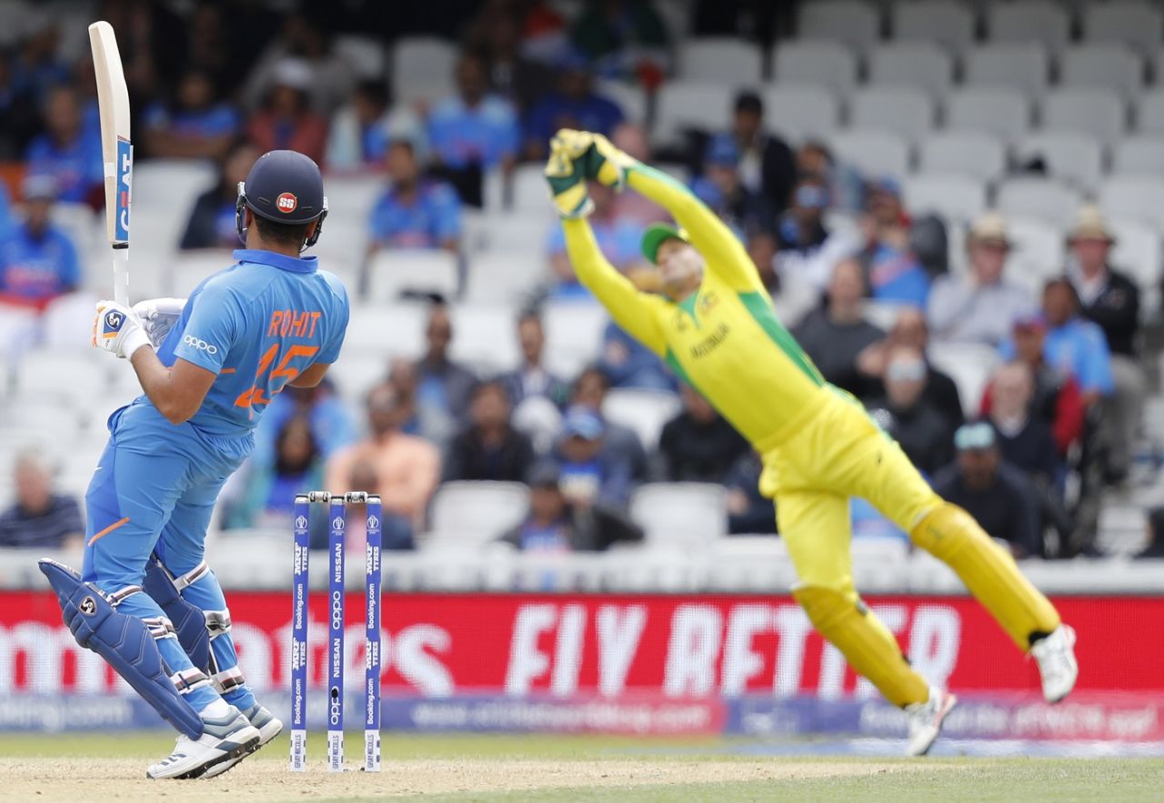 Rohit Sharma looks on as Alex Carey takes the catch to dismiss him, Australia v India, World Cup 2019, The Oval, June 9, 2019