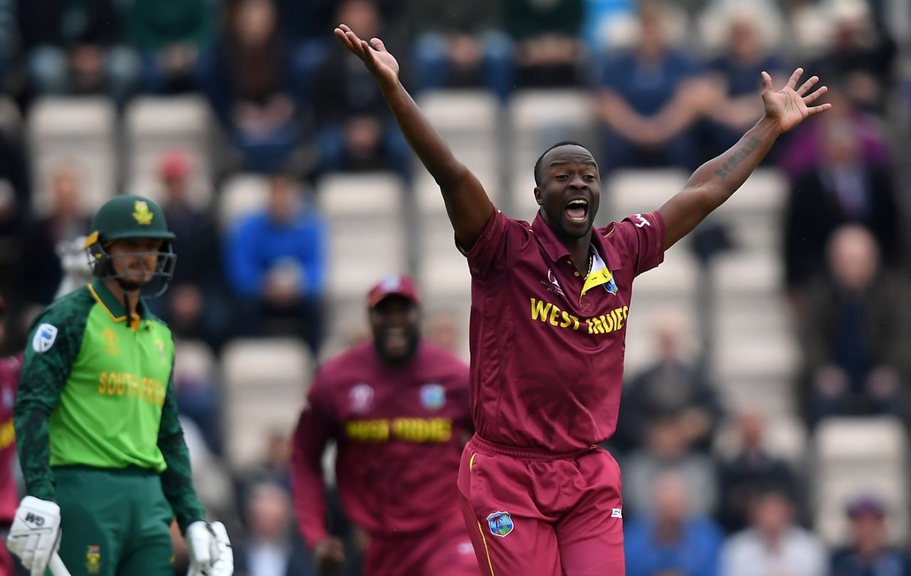 Kemar Roach appeals hard for a wicket, South Africa vs West Indies, World Cup 2019, Southampton, June 10, 2019