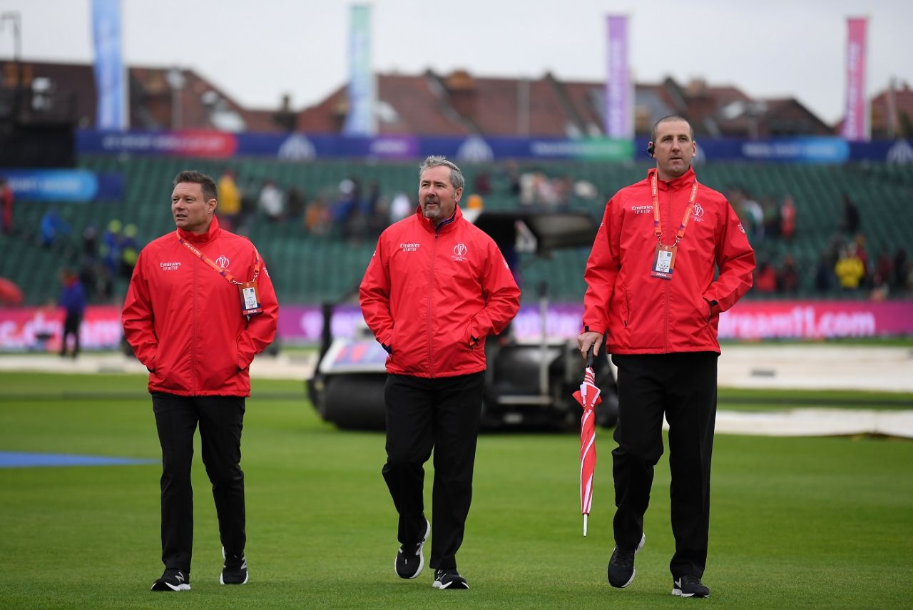 The umpires Richard Kettleborough, Richard Illingworth and Michael Gough inspect the Bristol pitch, Bangladesh v Sri Lanka, World Cup 2019, Bristol, June 11, 2019