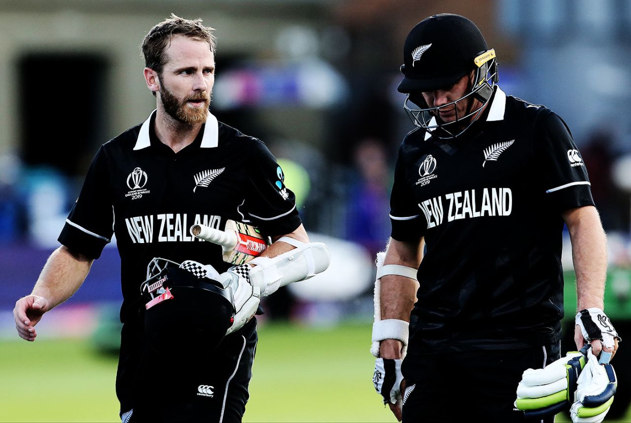 Kane Williamson and Tom Latham walk back after winning the match, Afghanistan v New Zealand, World Cup 2019, Taunton, June 8, 2019