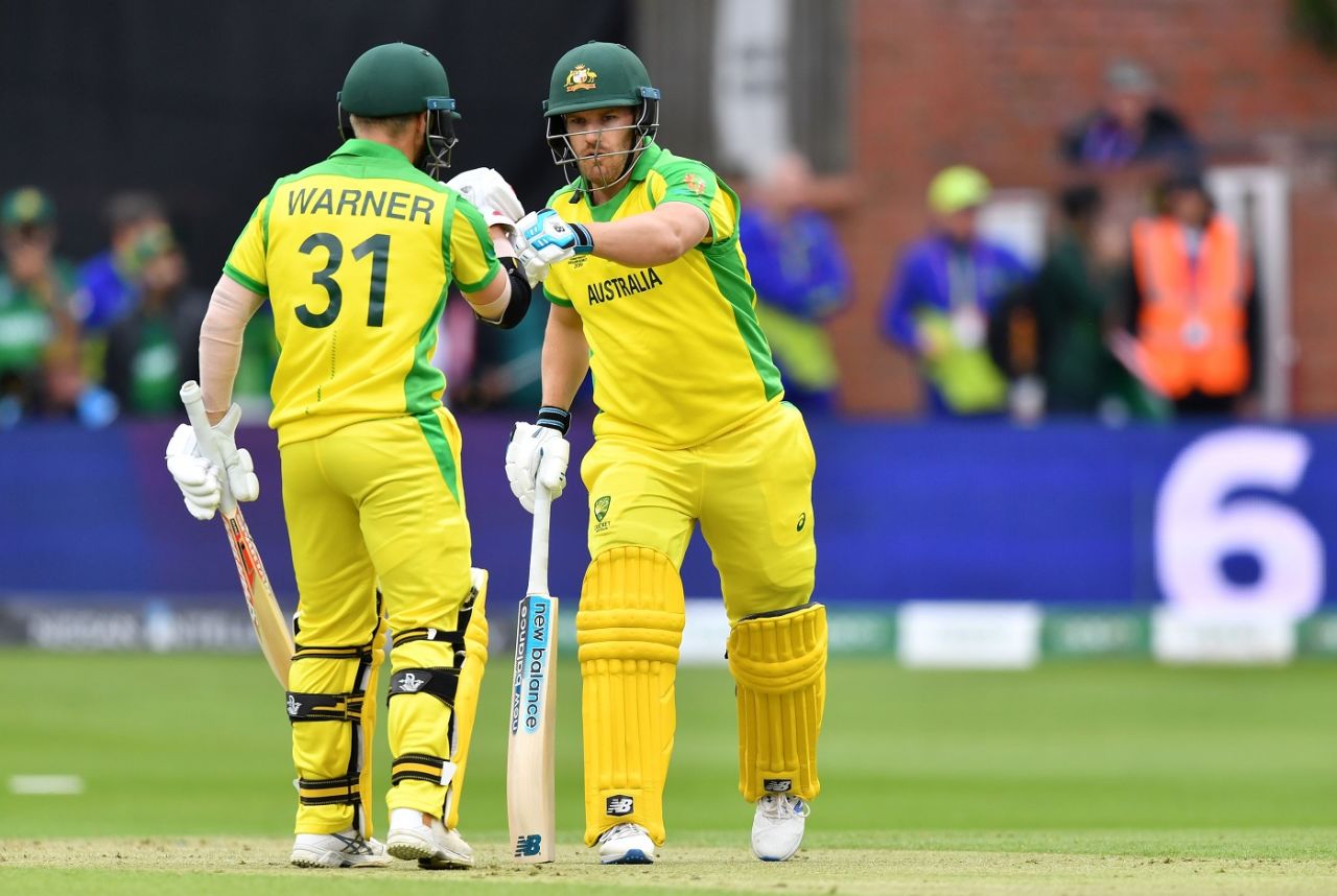 Aaron Finch and David Warner exchange a fist bump, Australia v Pakistan, World Cup 2019, Taunton, June 12, 2019