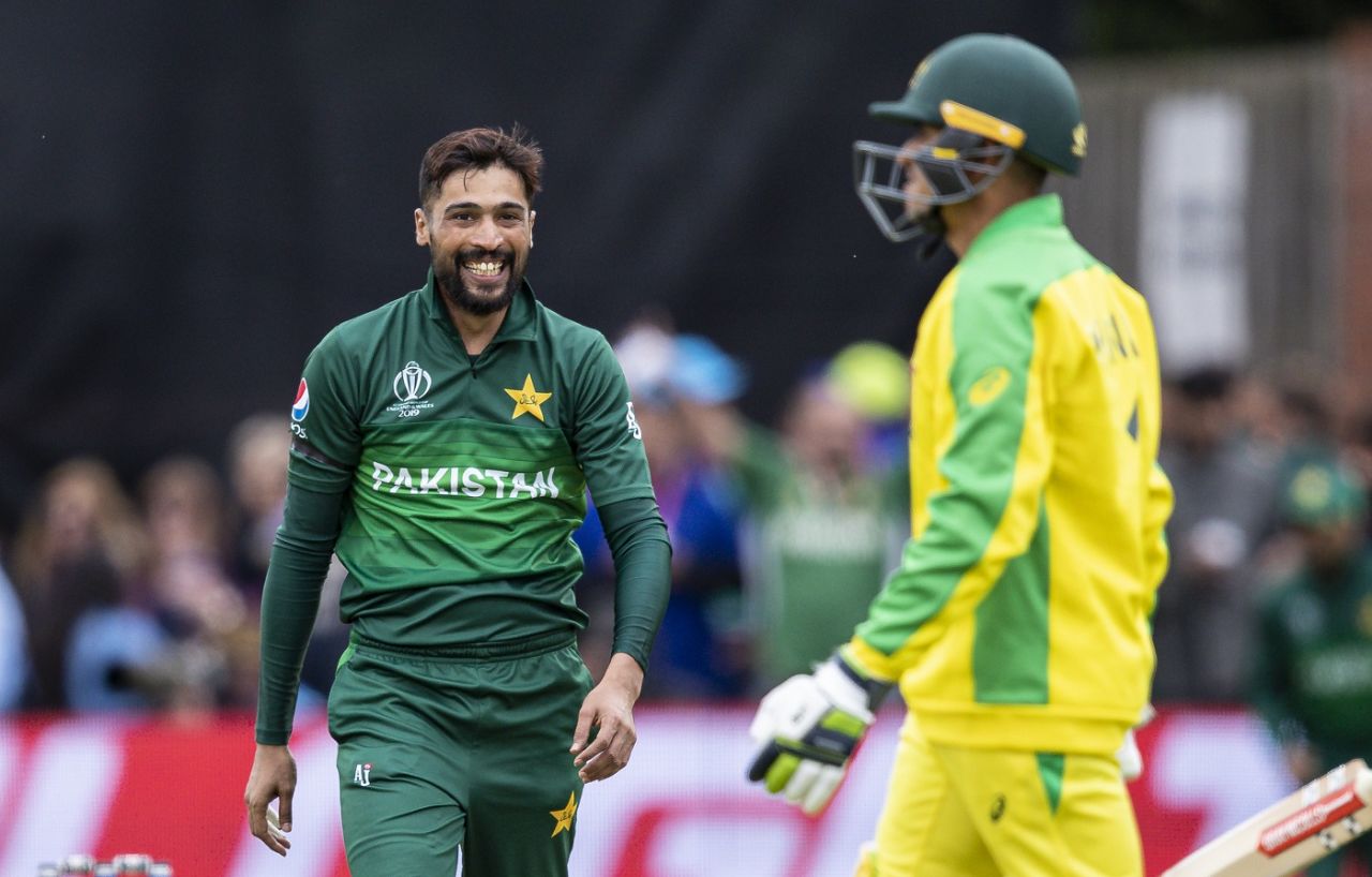 Mohammad Amir smiles after dismissing Usman Khawaja, Australia v Pakistan, World Cup 2019, Taunton, June 12, 2019
