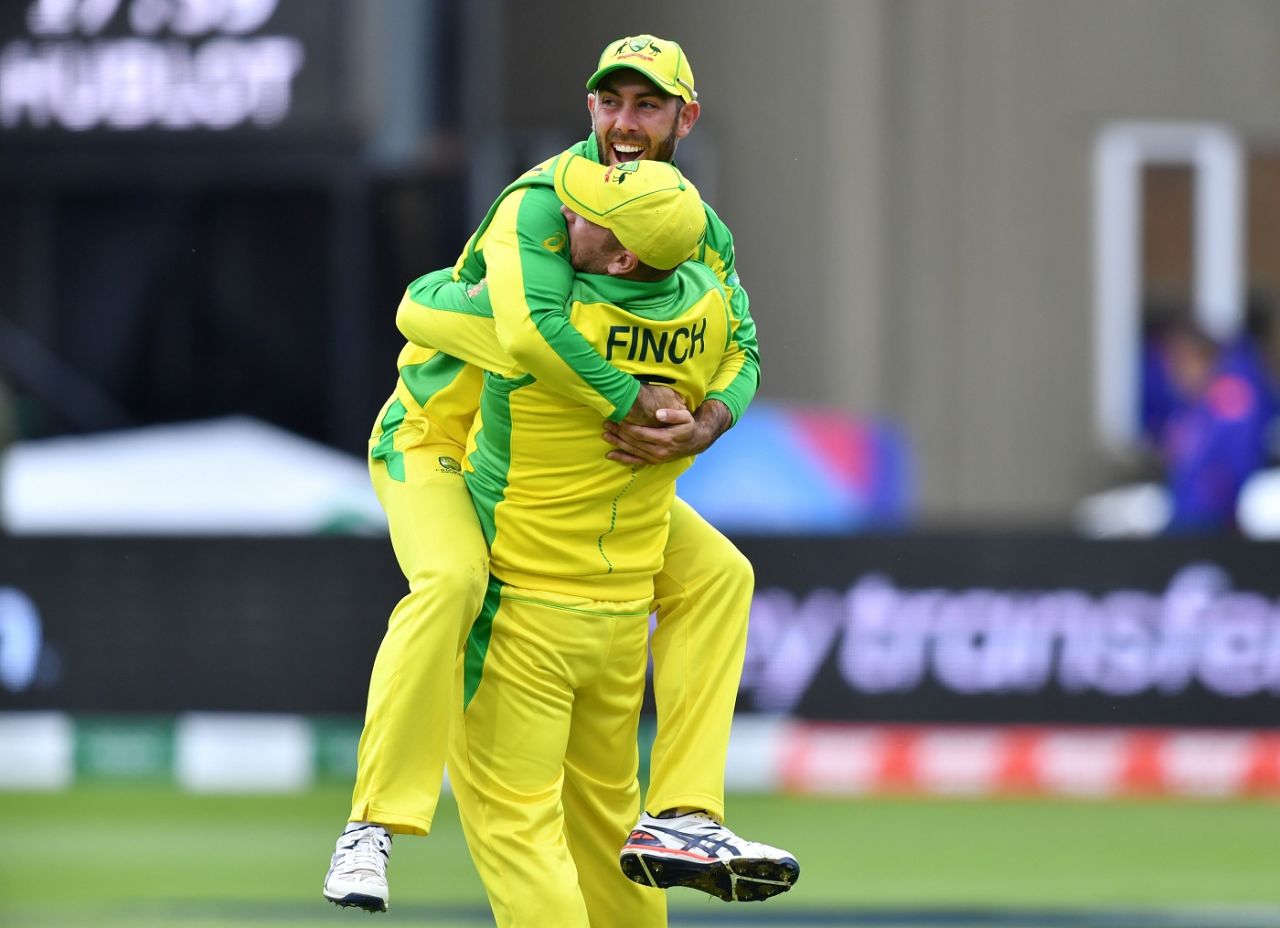 Glenn Maxwell celebrate Australia's win with captain Aaron Finch, Australia v Pakistan, World Cup 2019, Taunton, June 12, 2019