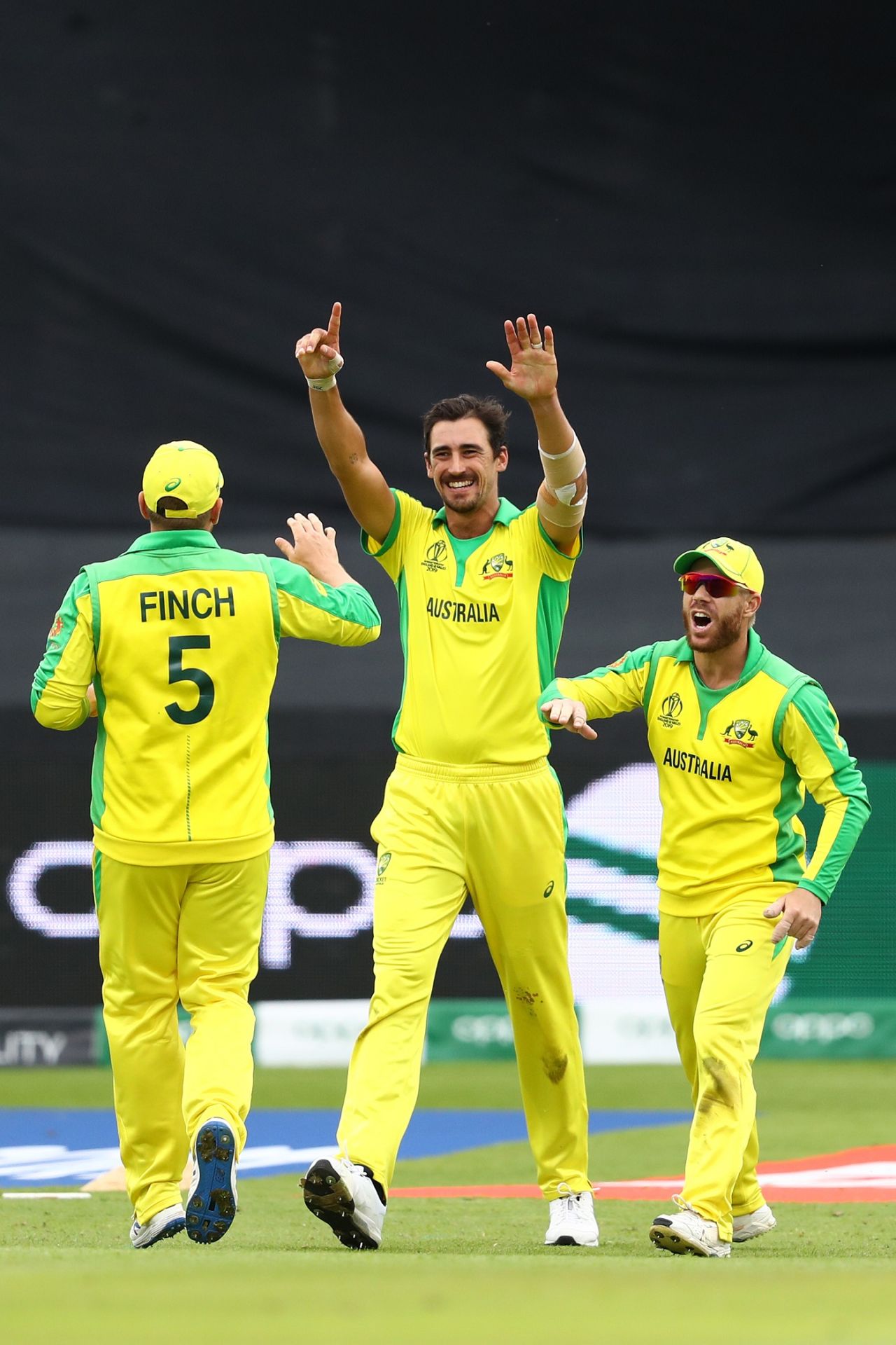 Aaron Finch and David Warner congratulate Mitchell Starc, Australia v Pakistan, World Cup 2019, Taunton, June 12, 2019