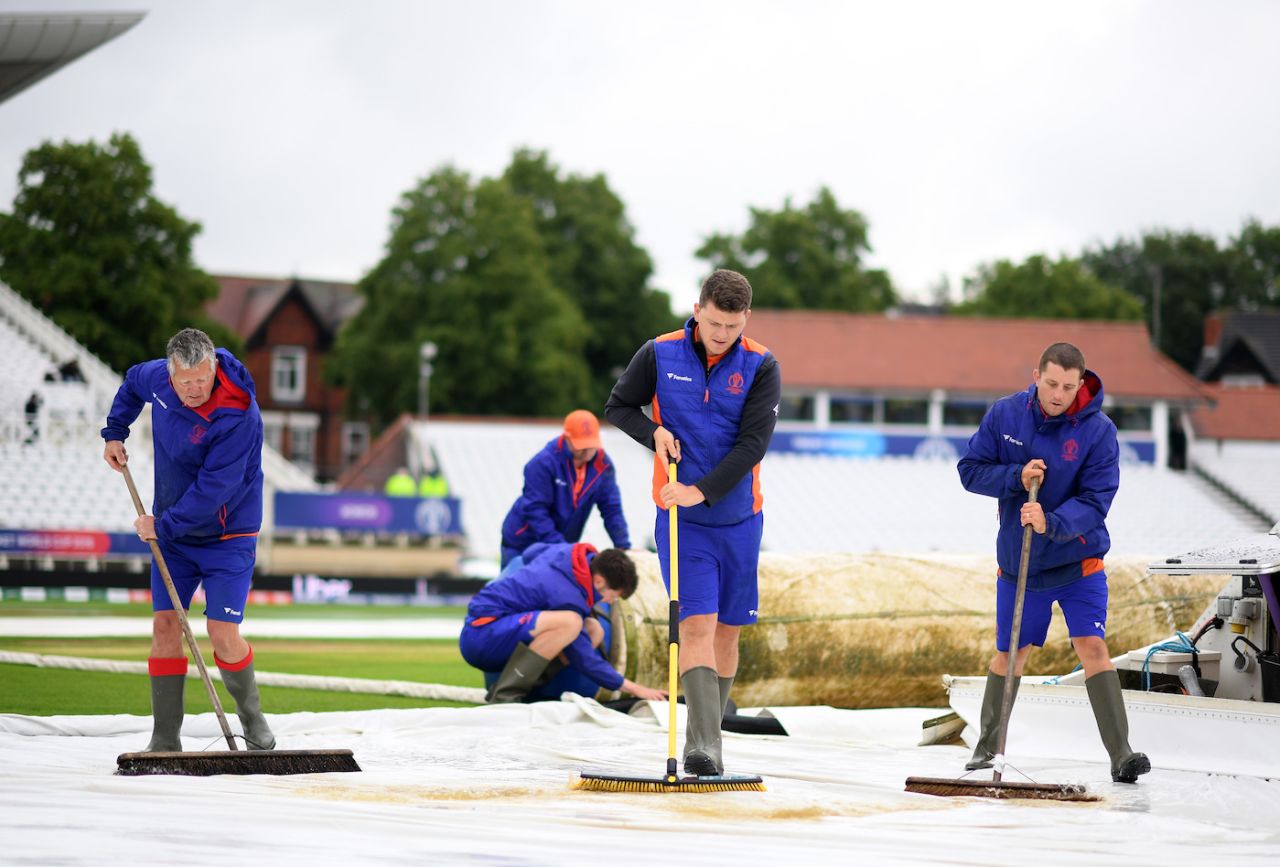 Groundstaff work on the pitch before the toss, India v New Zealand, World Cup 2019, Trent Bridge, June 13, 2019