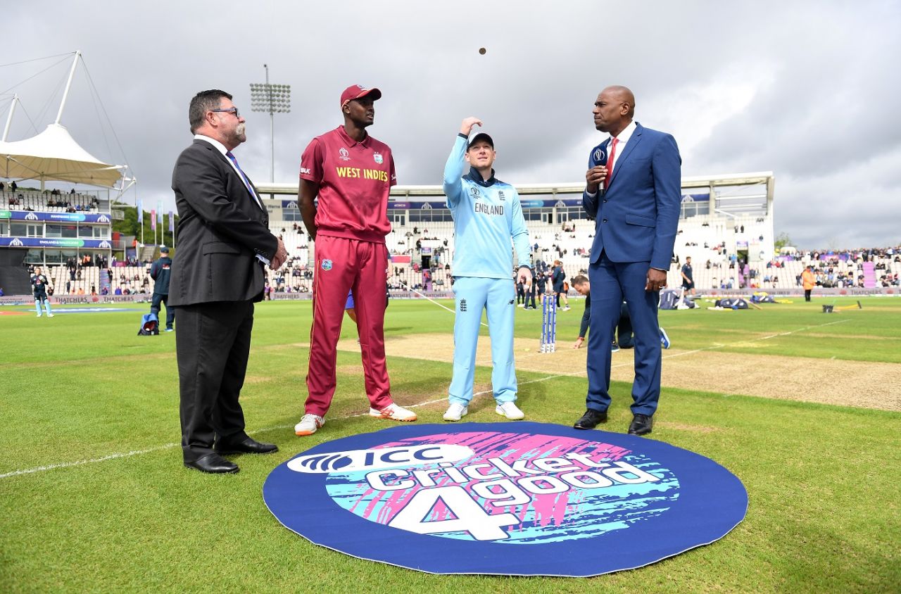 Eoin Morgan and Jason Holder at the toss, England v West Indies, World Cup 2019, Southampton, June 14, 2019