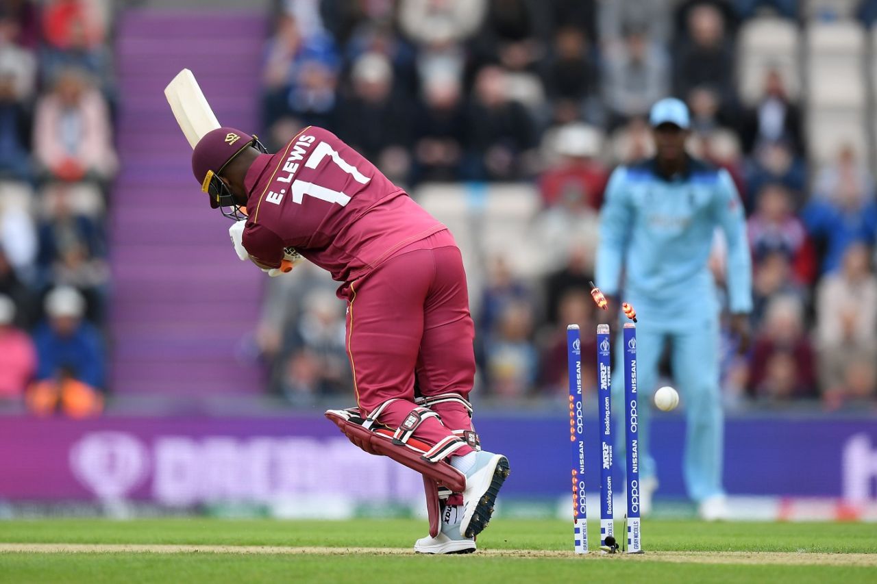 Evin Lewis is bowled by Chris Woakes, England v West Indies, World Cup 2019, Southampton, June 14, 2019