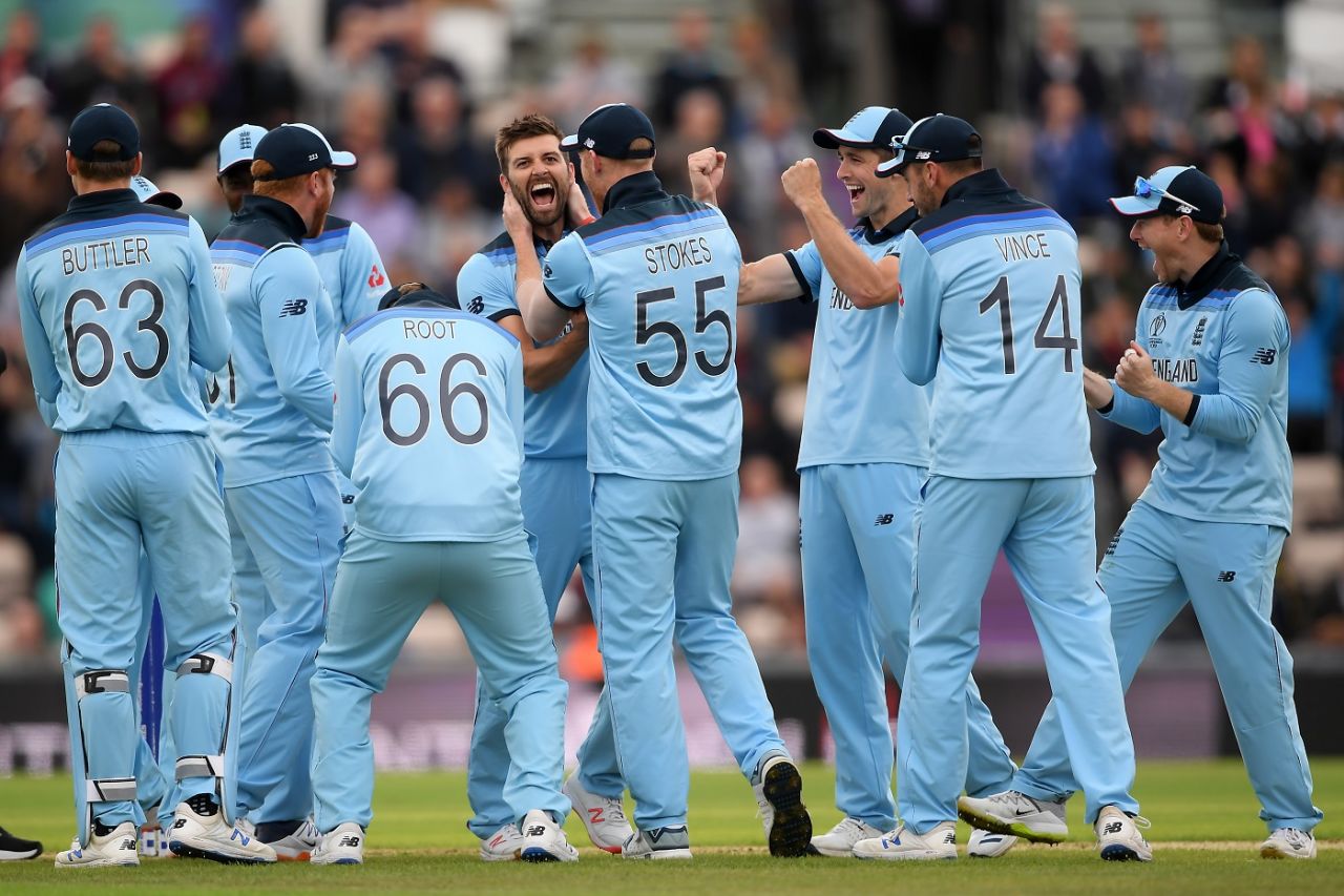 Mark Wood celebrates the successful review and wicket of Shai Hope with his teammates, England v West Indies, World Cup 2019,  Southampton, June 14, 2019