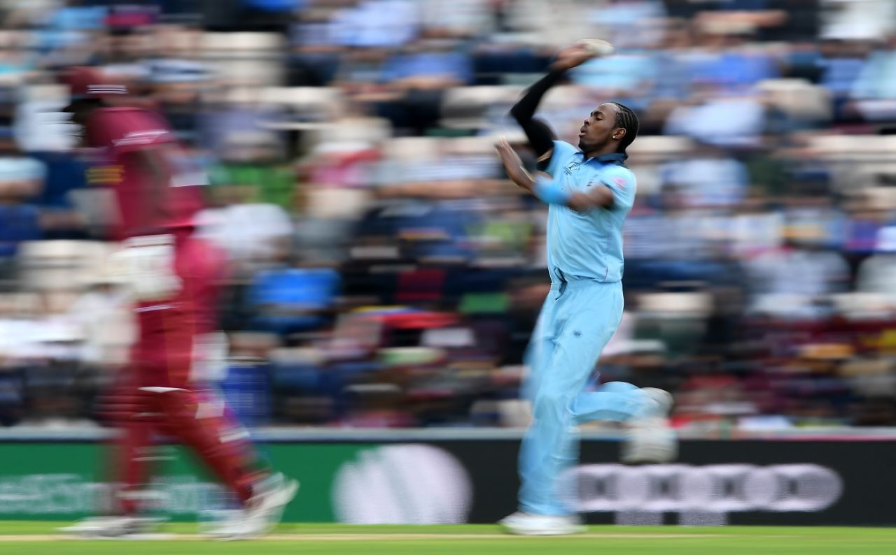 Jofra Archer of England runs up to bowl, England v West Indies, World Cup 2019,  Southampton, June 14, 2019