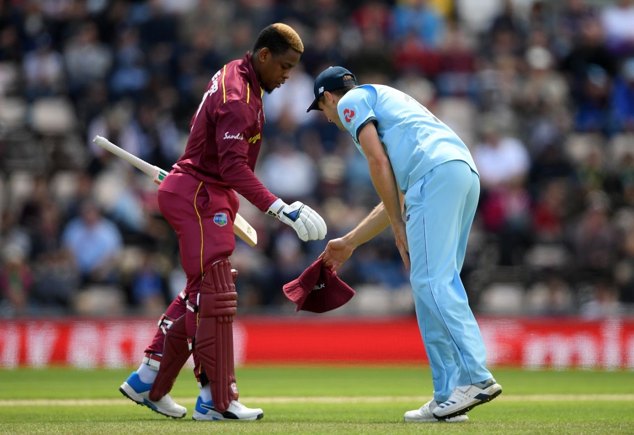 Chris Woakes hands Shimron Hetmyer his hat, England v West Indies, World Cup 2019,  Southampton, June 14, 2019