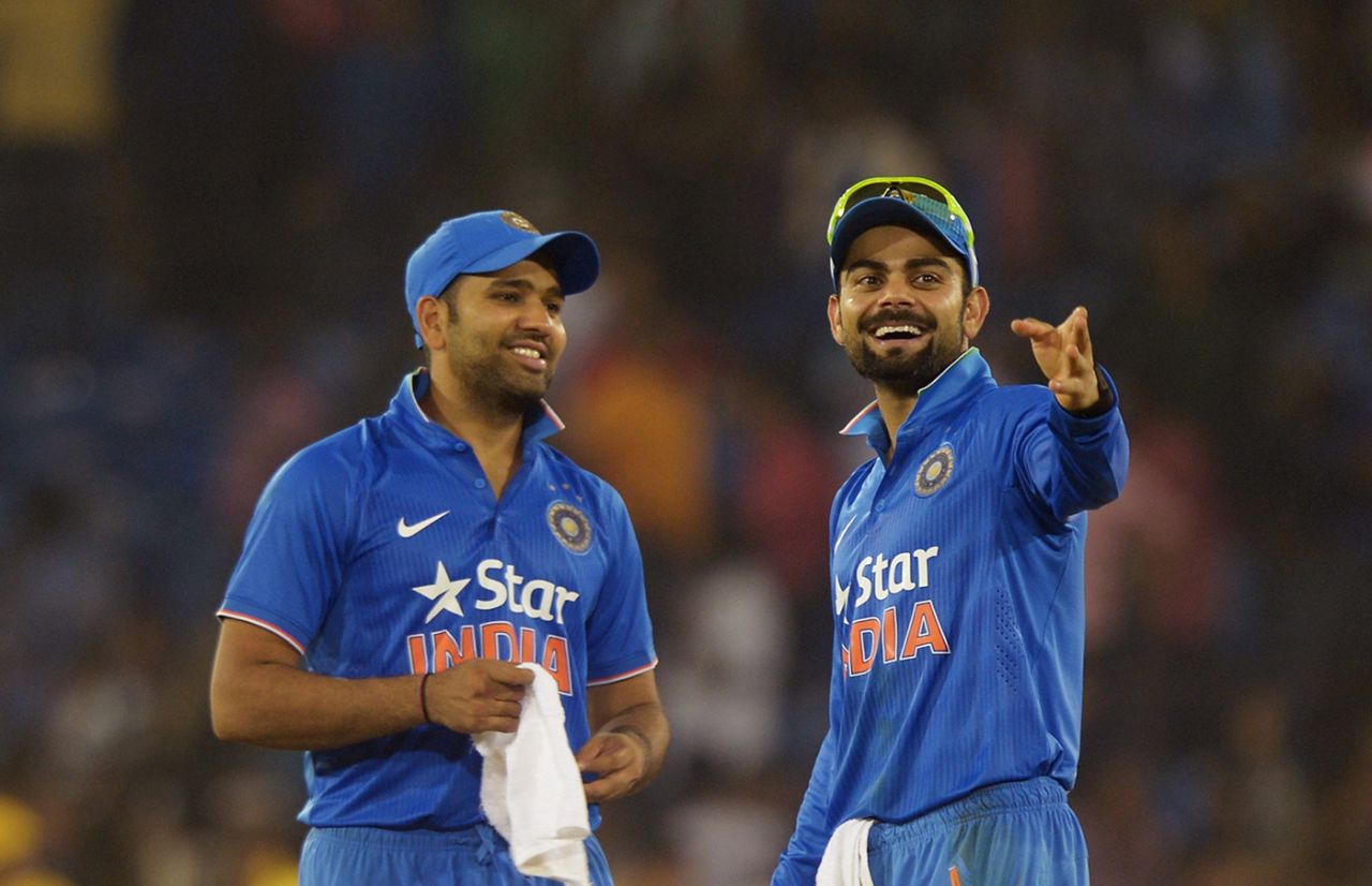 Rohit Sharma and Virat Kohli talk while crowd trouble holds up play, India v South Africa, 2nd T20I, Cuttack, October 5, 2015