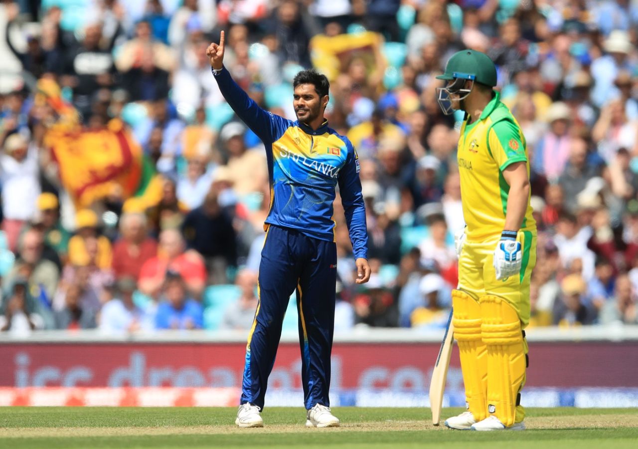 Dhananjaya de Silva celebrates the wicket of Australia's Usman Khawaja, Australia v Sri Lanka, World Cup 2019, The Oval, June 15, 2019