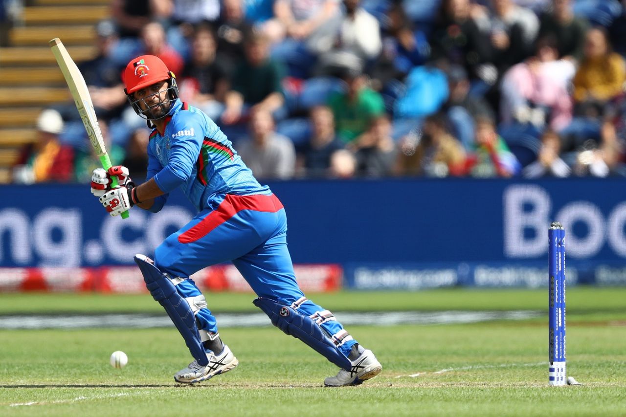 Noor Ali Zadran plays a shot, Afghanistan v South Africa, World Cup 2019, Cardiff, June 15, 2019