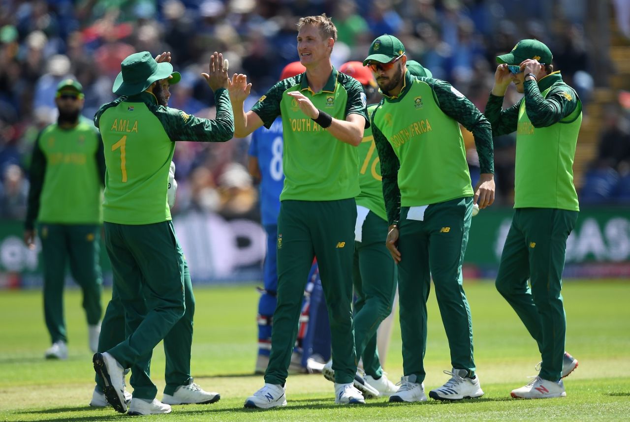  Chris Morris of celebrates taking the wicket of Rahmat Shah, Afghanistan v South Africa, World Cup 2019, Cardiff, June 15, 2019