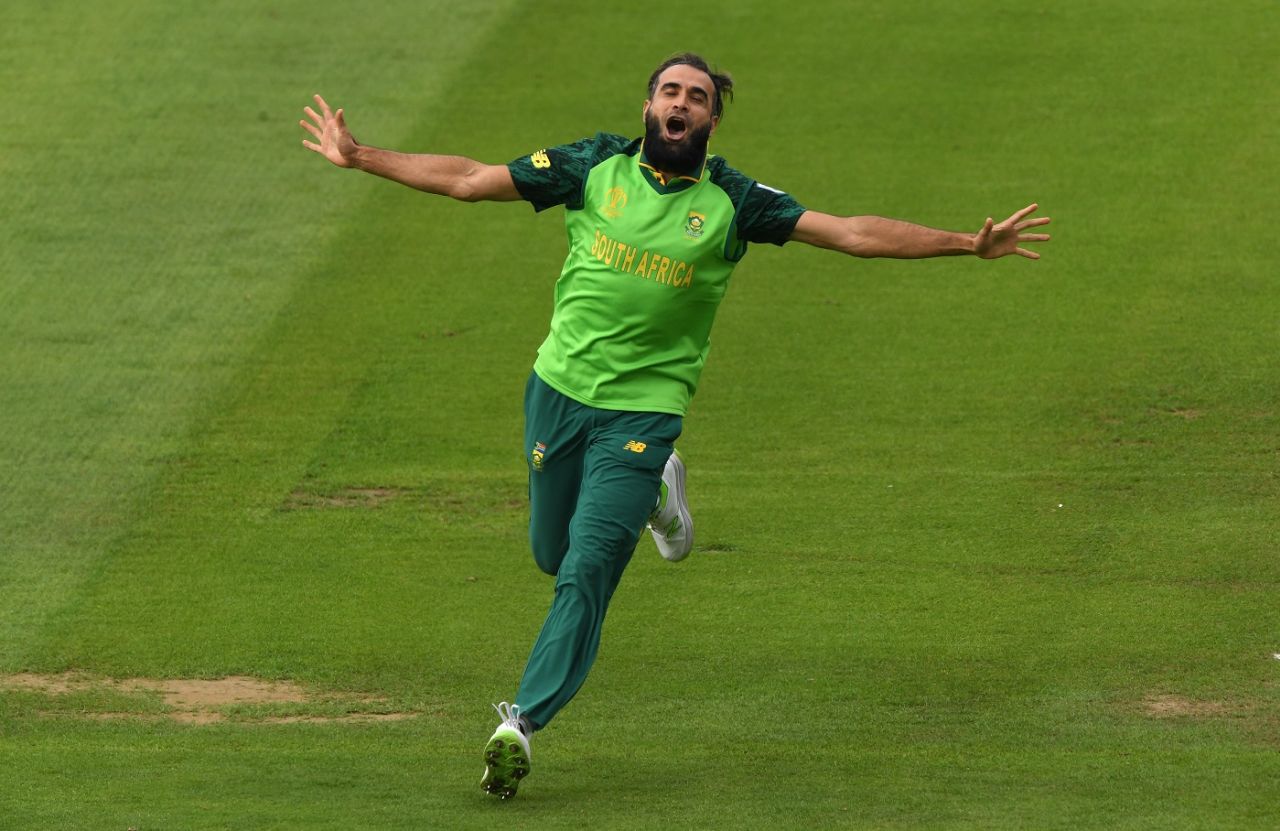 Imran Tahir celebrates after bowling Noor Ali Zadran, Afghanistan v South Africa, World Cup 2019, Cardiff, June 15, 2019