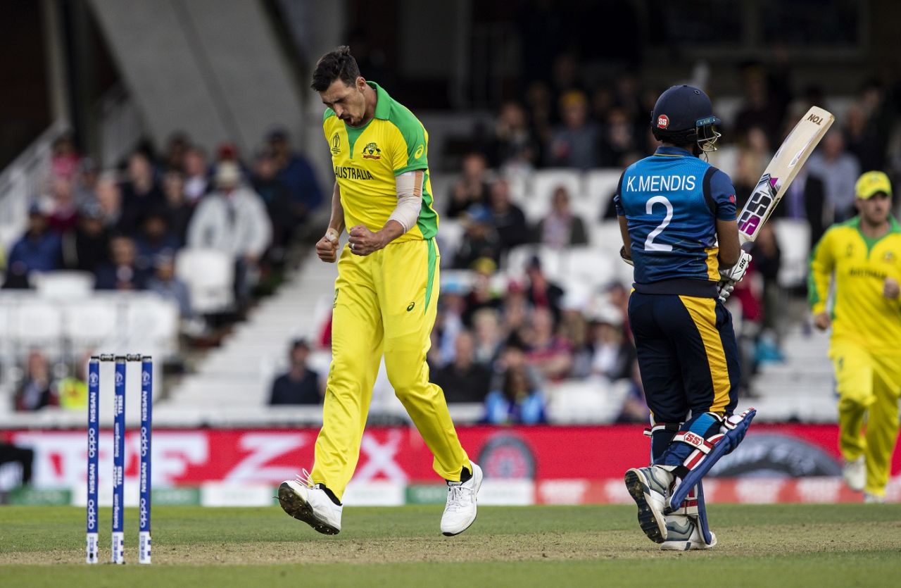 Mitchell Starc celebrates after removing Kusal Mendis, Australia v Sri Lanka, World Cup 2019, The Oval