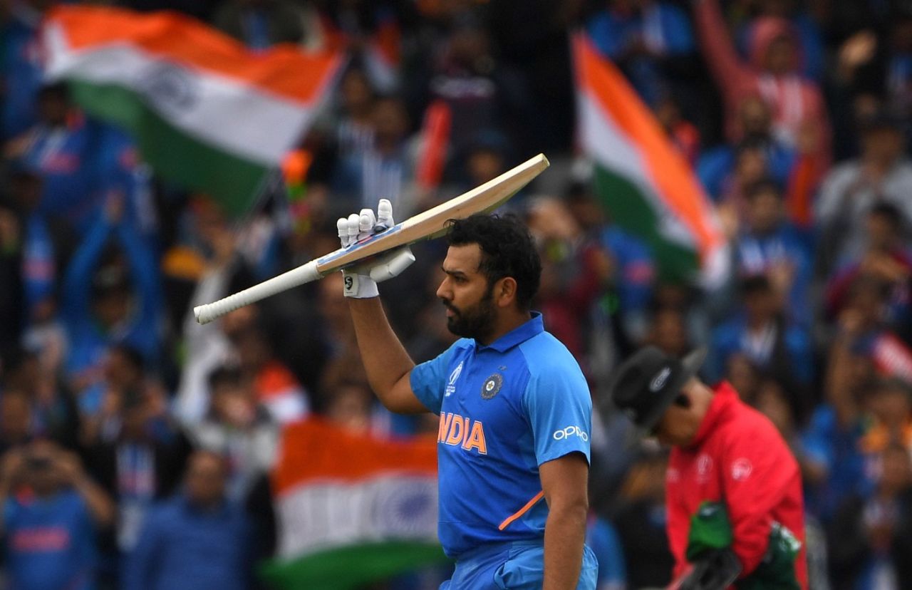 Rohit Sharma celebrates his hundred, India v Pakistan, World Cup 2019, Manchester, June 16, 2019