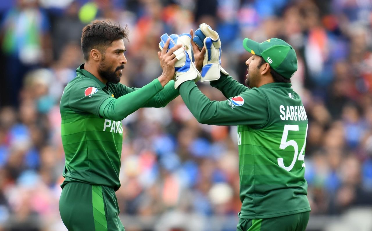 Mohammad Amir celebrates after dismissing MS Dhoni, India v Pakistan, World Cup 2019, Old Trafford, June 16, 2019 