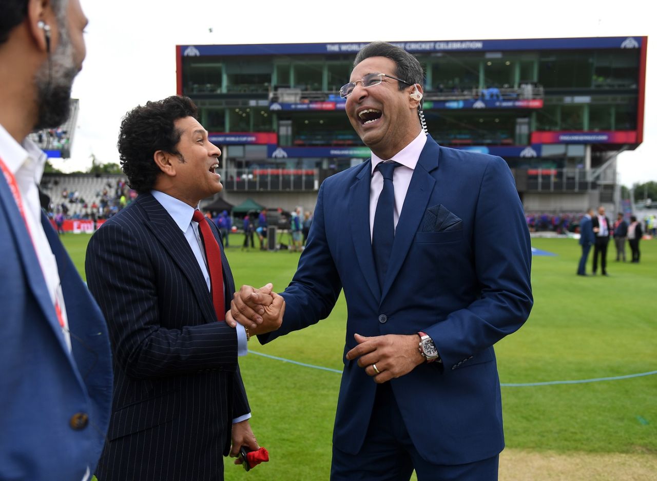 Sachin Tendulkar and Wasim Akram share a light moment during the break, India v Pakistan, World Cup 2019, Old Trafford, June 16, 2019 