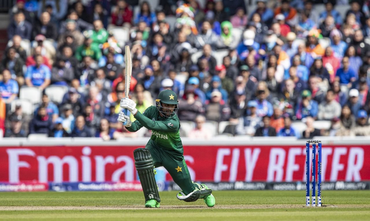 Fakhar Zaman reaches out for a square drive, India v Pakistan, World Cup 2019, Manchester, June 16, 2019