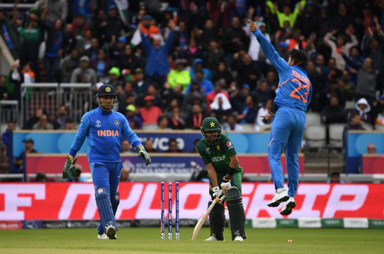 Kuldeep Yadav leaps with joy after getting Babar Azam out, India v Pakistan, World Cup 2019, Manchester, June 16, 2019