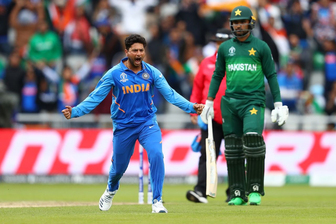 Kuldeep Yadav celebrates, India v Pakistan, World Cup 2019, Manchester, June 16, 2019