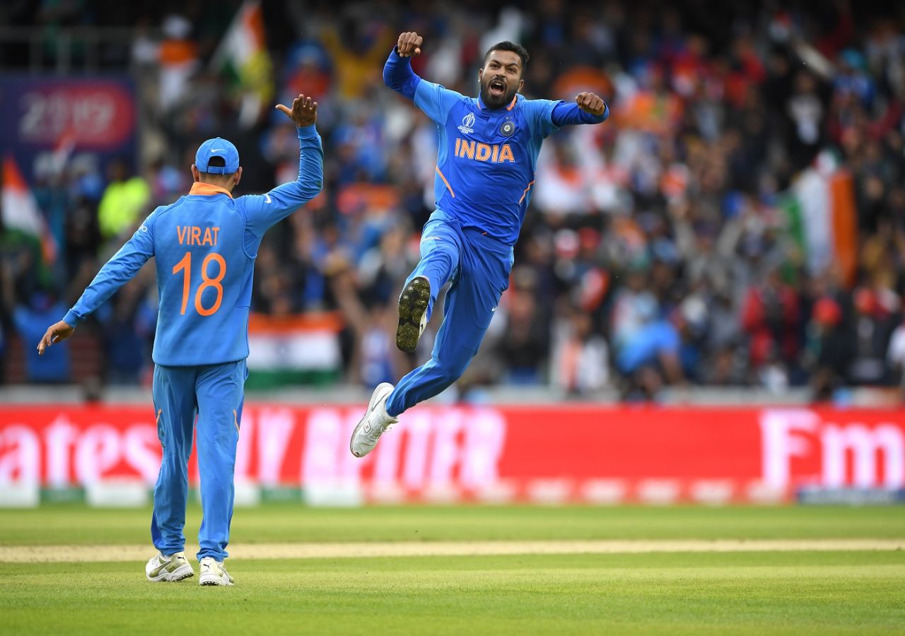 Hardik Pandya celebrates after dismissing Shoaib Malik for a duck, India v Pakistan, World Cup 2019, Manchester, June 16, 2019