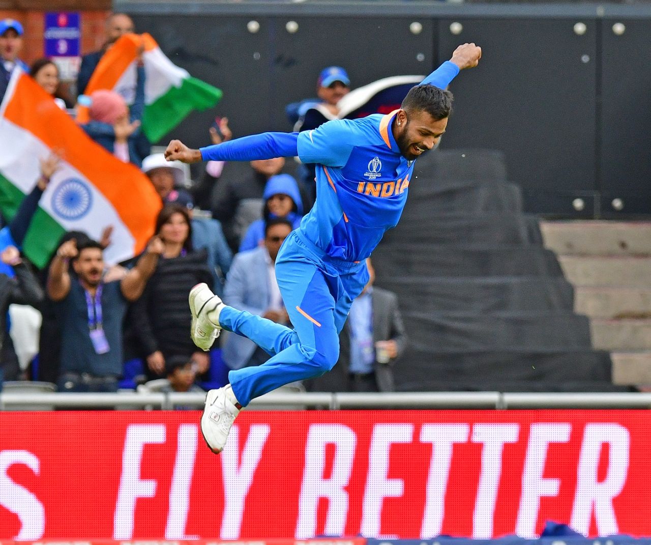Hardik Pandya is cock-a-hoop after picking up two wickets in two balls, India v Pakistan, World Cup 2019, Manchester, June 16, 2019