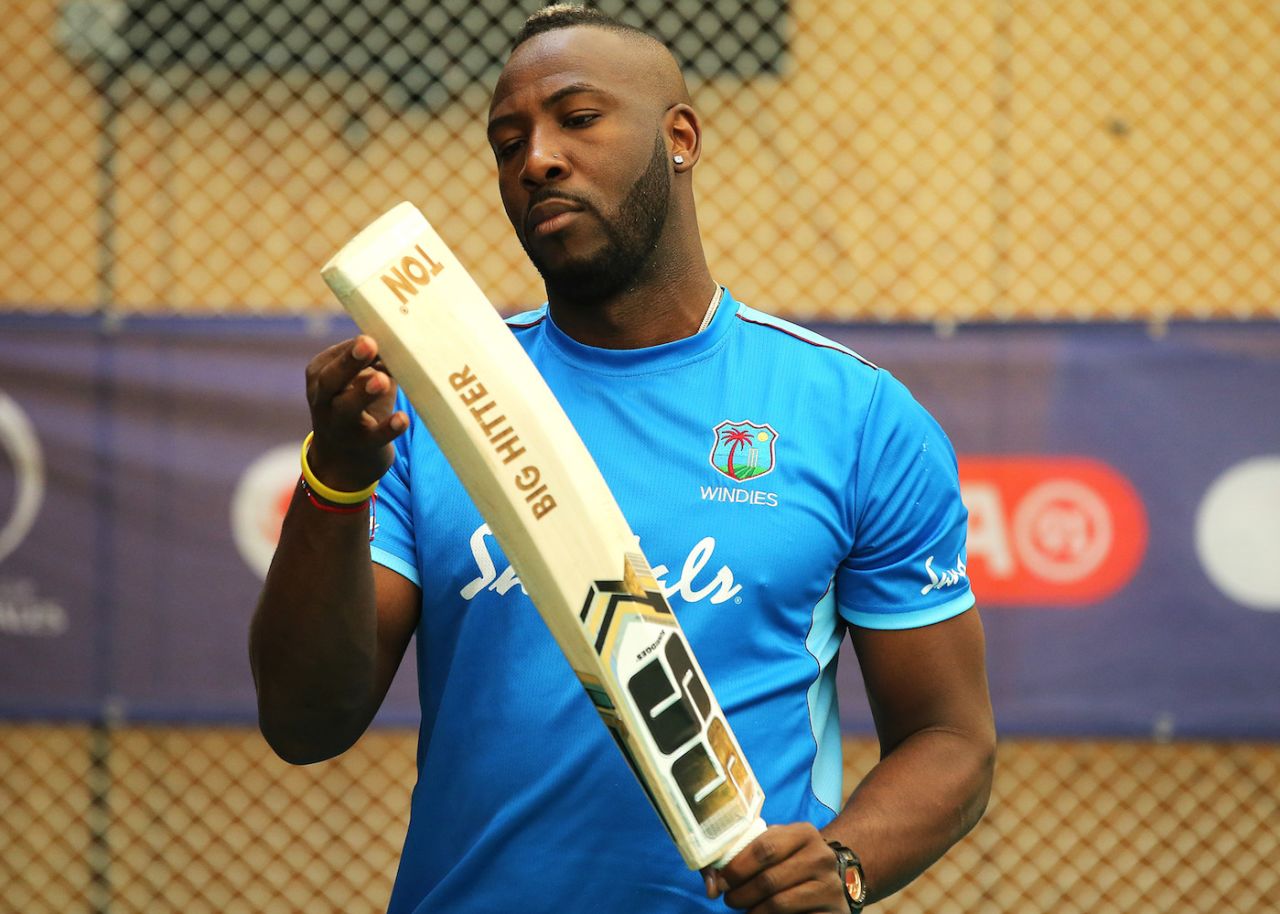 Andre Russell prepares to bat during a nets session, World Cup 2019, Hampshire Bowl, Southampton, England, June 13, 2019