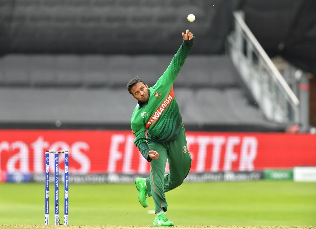 Shakib Al Hasan picked up the vital wickets of Evin Lewis and Nicholas Pooran, Bangladesh v West Indies, World Cup 2019, Taunton, June 17, 2019